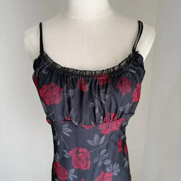 Y2K Eye Candy Vintage 90s Red Rose Floral Slip Dress Small Whimsygoth Grunge - Picture 2 of 9